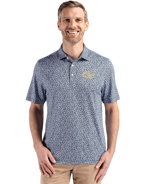 Georgia Tech Yellow Jackets - Cutter & Buck Pike Recycled Flora Print Mens Big & Tall Polo Navy Blue Front