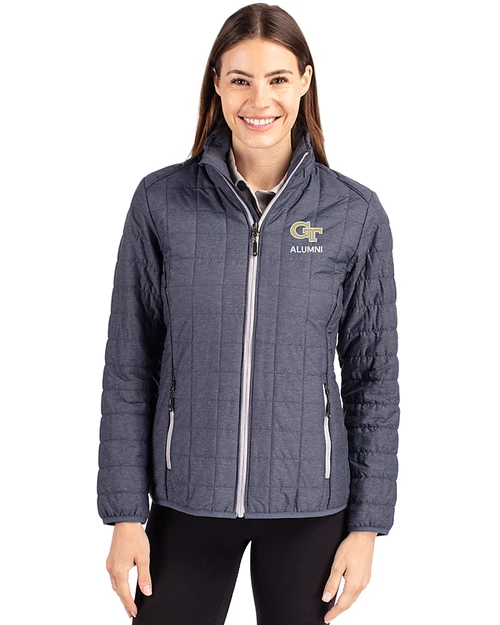 Georgia Tech Yellow Jackets Alumni Cutter & Buck Rainier PrimaLoft®  Womens Eco Insulated Full Zip Puffer Jacket Anthracite Melange Front