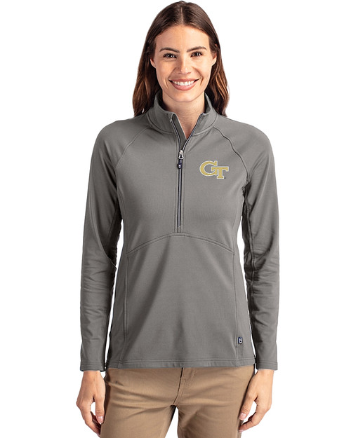 Georgia Tech Yellow Jackets - Cutter & Buck Adapt Eco Knit Stretch Recycled Womens Half Zip Pullover Elemental Grey Front