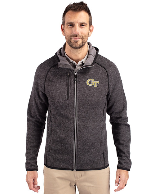 Georgia Tech Yellow Jackets - Cutter & Buck Mainsail Full Zip Hooded Mens Jacket Charcoal Heather Front