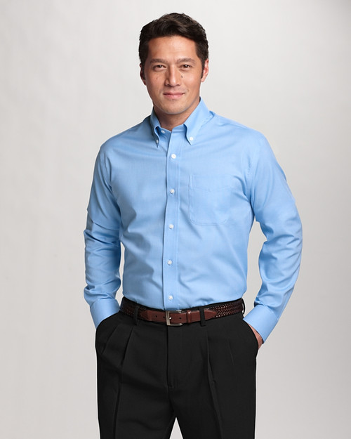 Cutter & Buck Epic Easy Care Nailshead Mens Big and Tall Long Sleeve Dress Shirt Atlas Light Blue Front