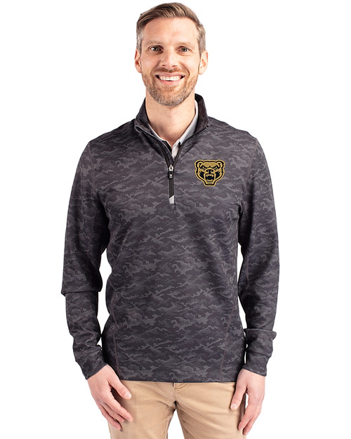 Oakland Golden Grizzlies Cutter & Buck Traverse Stretch Eco Camo Print Quarter Zip Mens Big and Tall Pullover Black Front