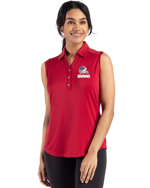 Cleveland Browns Americana Cutter & Buck Forge Recycled Four-Way Stretch Womens Sleeveless Polo Cardinal Red Front