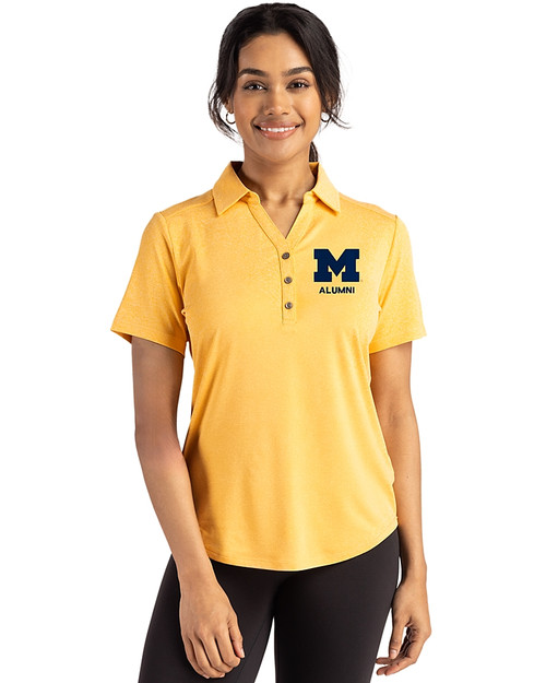 Michigan Wolverines Alumni Cutter & Buck Forge Eco Stretch Recycled Womens Short Sleeve Polo College Gold Heather Front
