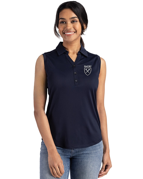 Emory Eagles Cutter & Buck Forge Eco Stretch Recycled Womens Sleeveless Polo Navy Blue Front
