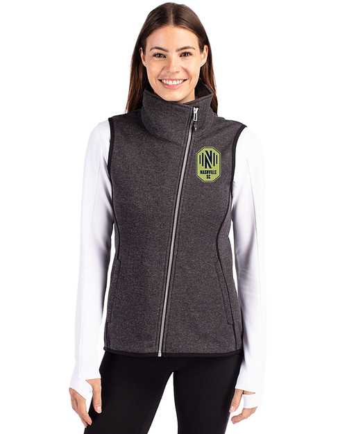 Nashville SC Cutter & Buck Mainsail Sweater Knit Womens Asymmetrical Vest Charcoal Heather Front