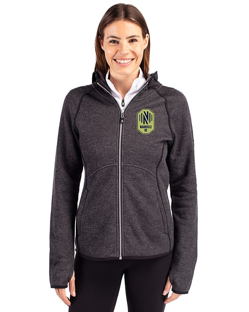 Nashville SC Cutter & Buck Mainsail Sweater-Knit Womens Full Zip Hooded Jacket Charcoal Heather Front