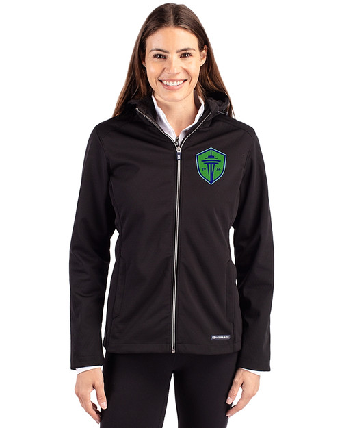 Seattle Sounders FC Cutter & Buck Evoke Softshell Recycled Full Zip Womens Jacket Black Front