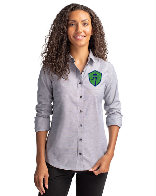 Seattle Sounders FC Cutter & Buck Stretch Oxford Womens Long Sleeve Dress Shirt Charcoal Front