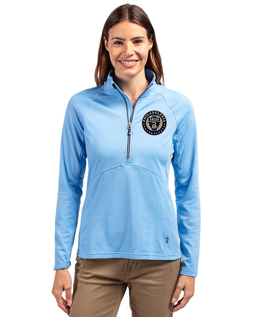 Philadelphia Union Cutter & Buck Adapt Eco Knit Stretch Recycled Womens Half Zip Pullover Atlas Light Blue Front