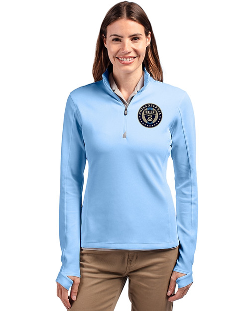 Philadelphia Union Cutter & Buck Traverse Stretch Eco Quarter Zip Womens Pullover Atlas Light Blue Front