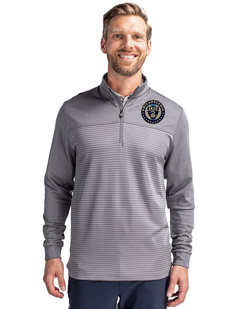 Philadelphia Union Cutter & Buck Traverse Stretch Eco Stripe Quarter Zip Mens Pullover Elemental Grey Front