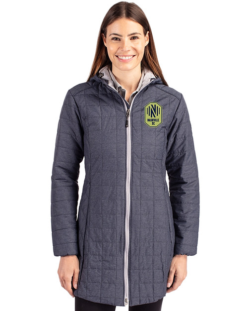 Nashville SC Cutter & Buck Rainier PrimaLoft®  Womens Eco Insulated Hooded Long Coat Anthracite Melange Front