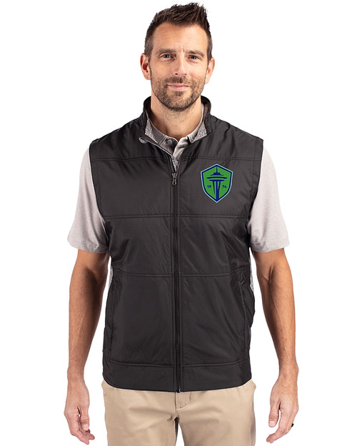 Seattle Sounders FC Cutter & Buck Stealth Hybrid Quilted Mens Big and Tall Windbreaker Vest Black Front