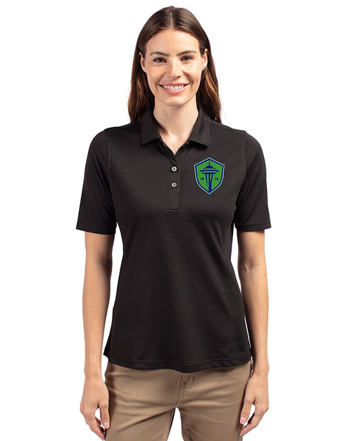 Seattle Sounders FC Cutter & Buck Virtue Eco Pique Recycled Womens Polo Black Front