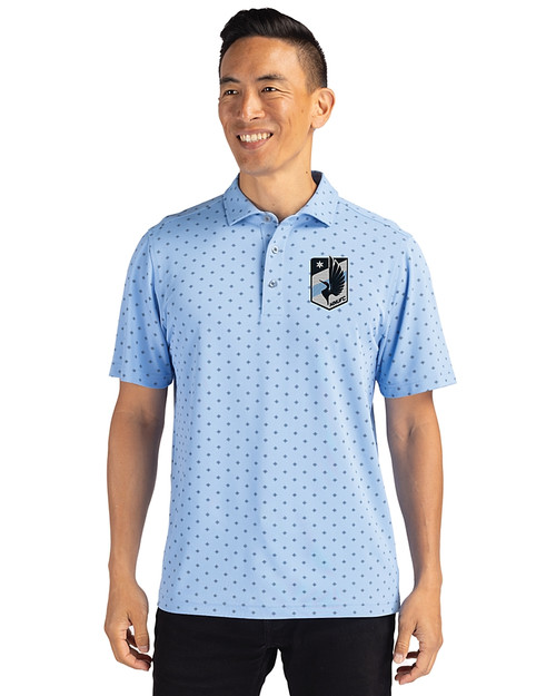 Minnesota United FC Cutter & Buck Virtue Eco Pique Tile Print Recycled Mens Polo Atlas Light Blue Front