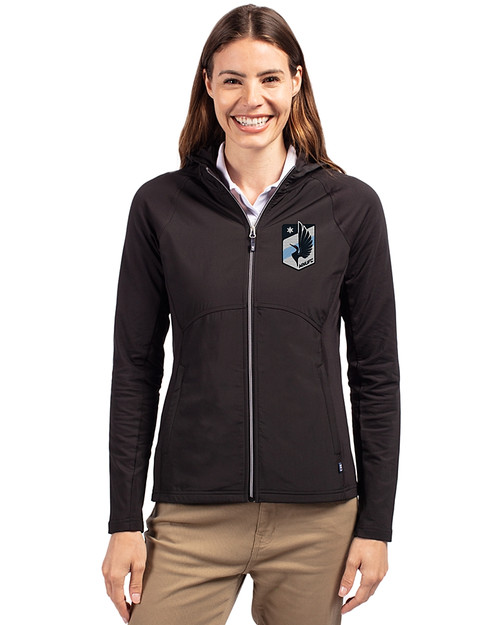 Minnesota United FC Cutter & Buck Adapt Eco Knit Hybrid Recycled Womens Full Zip Jacket Black Front