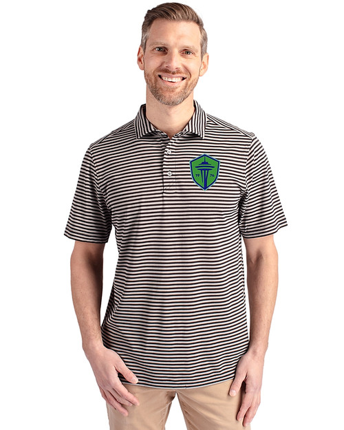 Seattle Sounders FC Cutter & Buck Virtue Eco Pique Stripe Recycled Mens Big and Tall Polo Black Front