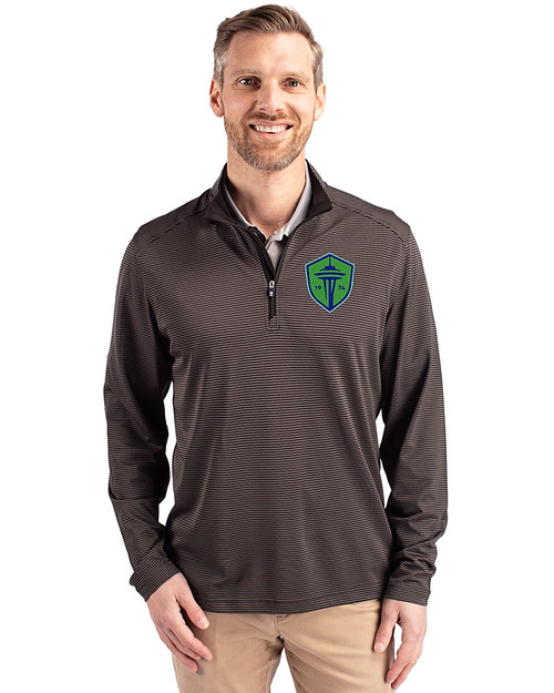 Seattle Sounders FC Cutter & Buck Virtue Eco Pique Micro Stripe Recycled Mens Quarter Zip Black/Elemental Grey Front