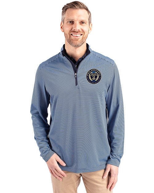 Philadelphia Union Cutter & Buck Virtue Eco Pique Micro Stripe Recycled Mens Quarter Zip Atlas/Navy Blue Front