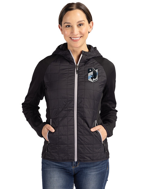 Minnesota United FC Cutter & Buck Rainier Primaloft Womens Eco Full Zip Hybrid Jacket Black Front