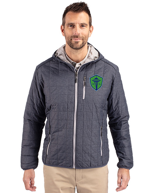 Seattle Sounders FC Cutter & Buck Rainier Recycled Insulated Puffer Mens Full Zip Hooded Jacket Anthracite Melange Front