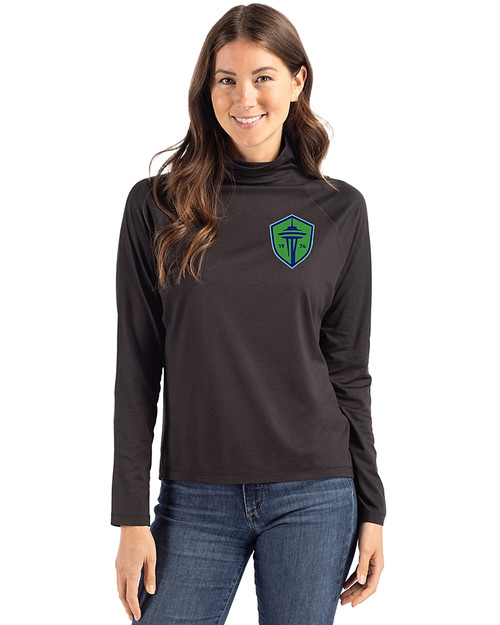 Seattle Sounders FC Cutter & Buck Coastline Recycled Double Peached Womens Funnel Neck Pullover Black Front