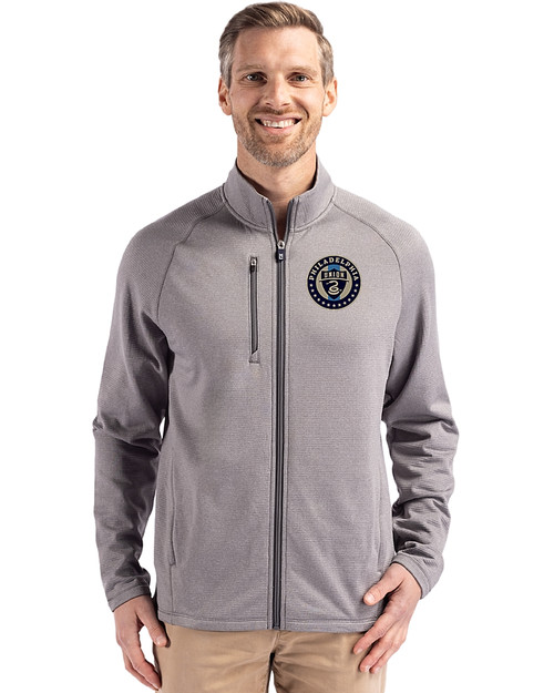 Philadelphia Union Cutter & Buck Peshastin Recycled Grid Fleece Mens Full Zip Jacket Elemental Grey Heather Front