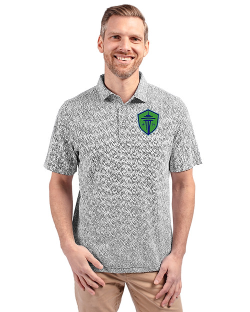 Seattle Sounders FC Cutter & Buck Virtue Eco Pique Botanical Print Recycled Mens Polo Black Front