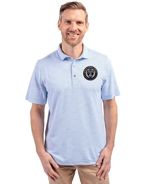 Philadelphia Union Cutter & Buck Virtue Eco Pique Botanical Print Recycled Mens Polo Atlas Light Blue Front