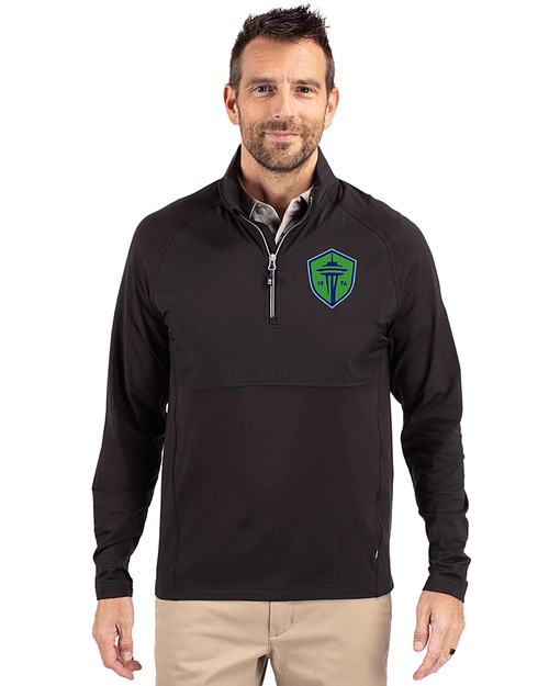 Seattle Sounders FC Cutter & Buck Adapt Eco Knit Hybrid Recycled Mens Quarter Zip Black Front