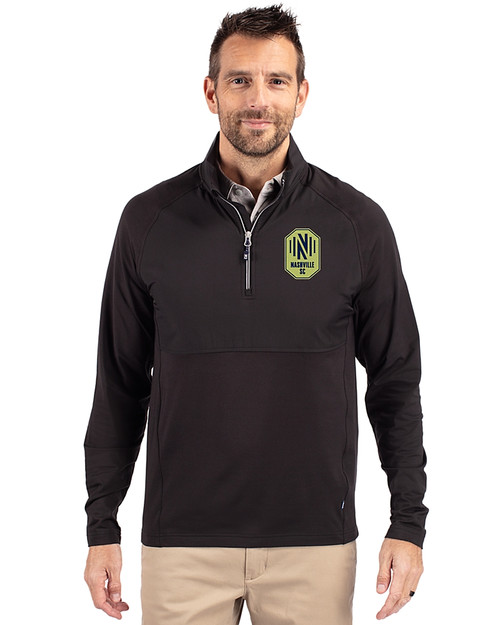 Nashville SC Cutter & Buck Adapt Recycled Soft Knit Stretch Mens Hybrid Quarter Zip Pullover  Black Front