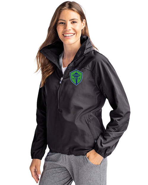 Seattle Sounders FC Cutter & Buck Charter Eco Recycled Womens Anorak Jacket Black Front