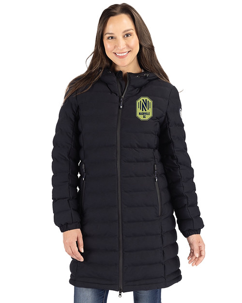 Nashville SC Cutter & Buck Mission Ridge Repreve Eco Insulated Womens Long Puffer Jacket Black Front