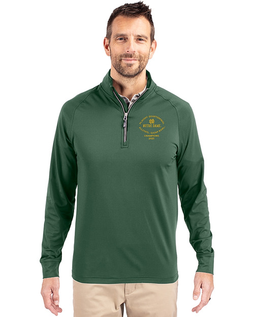 Notre Dame Fighting Irish College Football Playoff 2025 Sugar Bowl Champions Cutter & Buck Adapt Eco Knit Stretch Recycled Mens Quarter Zip Pullover Hunter Green Front