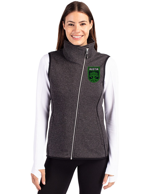 Austin FC - Cutter & Buck Mainsail Sweater Knit Womens Asymmetrical Vest Charcoal Heather Front