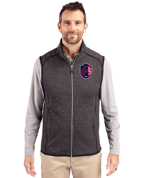 St. Louis City SC Cutter & Buck Mainsail Sweater-Knit Mens Big & Tall Full Zip Vest Charcoal Heather Front