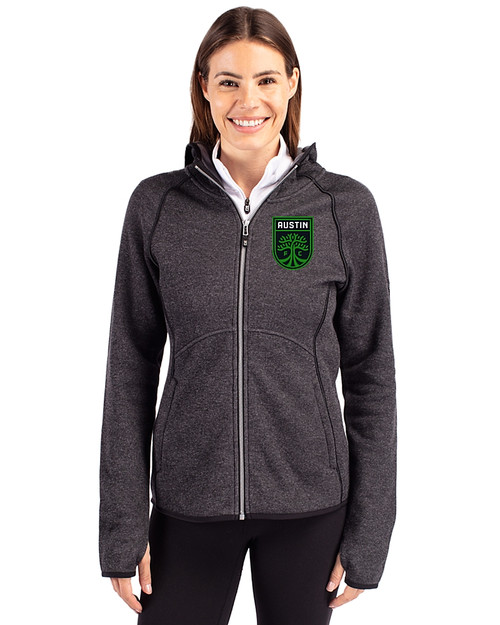 Austin FC - Cutter & Buck Mainsail Full Zip Hooded Womens Jacket Charcoal Heather Front