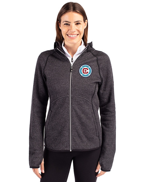 Chicago Fire FC Cutter & Buck Mainsail Full Zip Hooded Womens Jacket Charcoal Heather Front