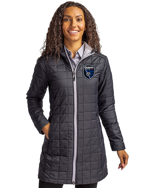 San Jose Earthquakes Cutter & Buck Rainier PrimaLoft®  Womens Eco Insulated Hooded Long Coat Black Front