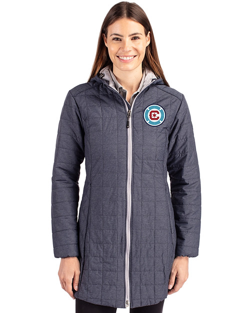 Chicago Fire FC Cutter & Buck Rainier PrimaLoft®  Womens Eco Insulated Hooded Long Coat Anthracite Melange Front