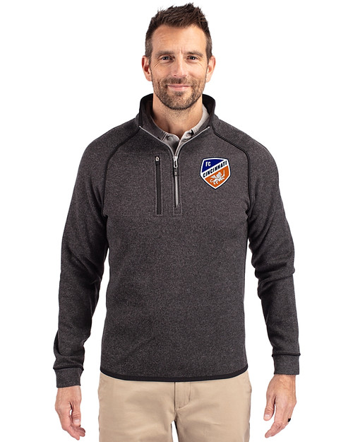 FC Cincinnati Cutter & Buck Mainsail Sweater-Knit Mens Half Zip Pullover Jacket Charcoal Heather Front