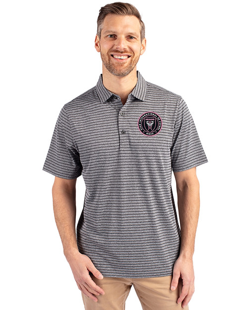 Inter Miami CF Cutter & Buck Forge Eco Heather Stripe Stretch Recycled Mens Big & Tall Polo Black Heather Front