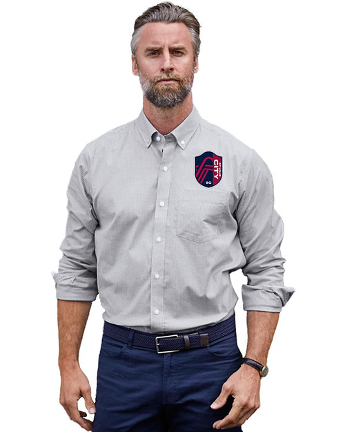 St. Louis City SC Cutter & Buck Stretch Oxford Stripe Mens Big and Tall Long Sleeve Dress Shirt Charcoal Front