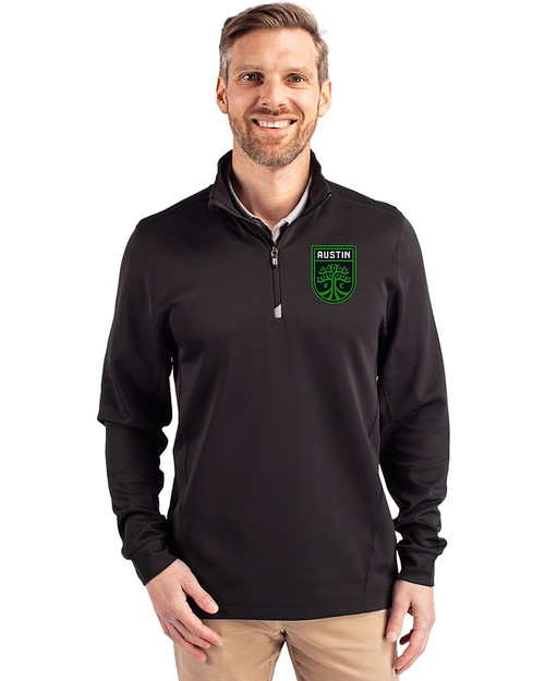 Austin FC - Cutter & Buck Traverse Stretch Eco Quarter Zip Mens Pullover Black Front