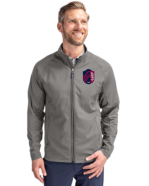 St. Louis City SC Cutter & Buck Adapt Eco Knit Hybrid Recycled Mens Full Zip Jacket Elemental Grey Front