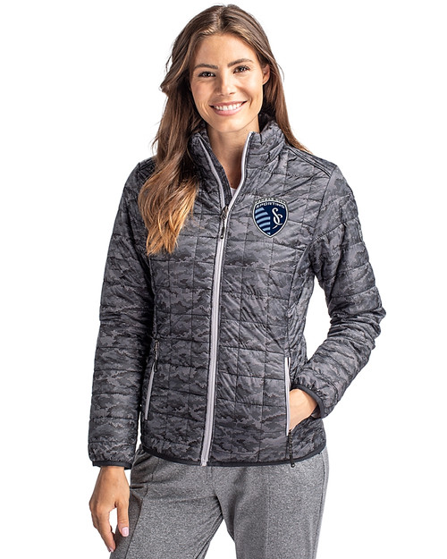 Sporting Kansas City Cutter & Buck Rainier PrimaLoft® Womens Eco Insulated Full Zip Printed Puffer Jacket Black Front
