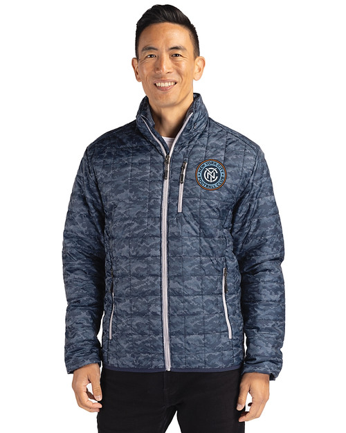 New York City FC Cutter & Buck Rainier PrimaLoft® Mens Eco Insulated Full Zip Printed Puffer Jacket Dark Navy Front