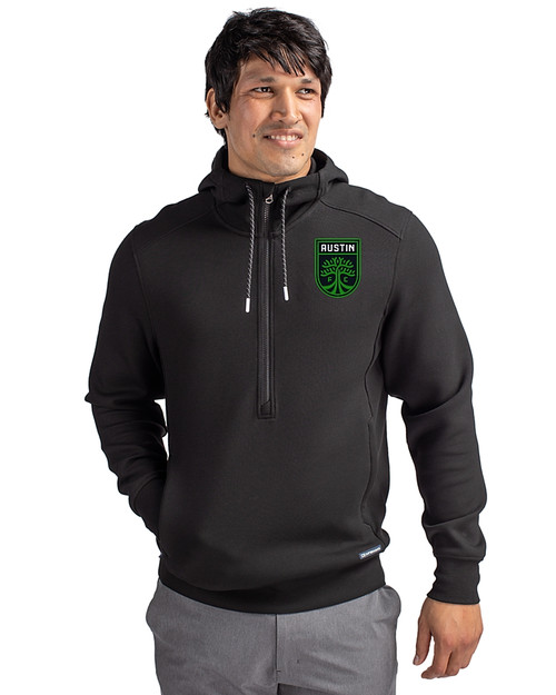 Austin FC - Cutter & Buck Roam Epic Versatility Half Zip Recycled Mens Hooded Pullover Black Front