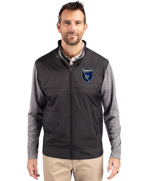 San Jose Earthquakes Cutter & Buck Stealth Hybrid Quilted Mens Full Zip Windbreaker Jacket Black Front